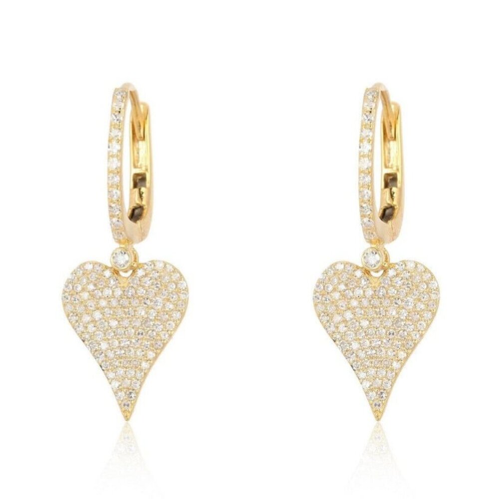 228 Diamond Heart 14K (or 18k upon request) Yellow Gold Drop Huggie Earrings